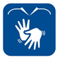 simbolo de acessibilidade de libras - duas mãos se tocam sobre um plano de fundo azul escuro. 